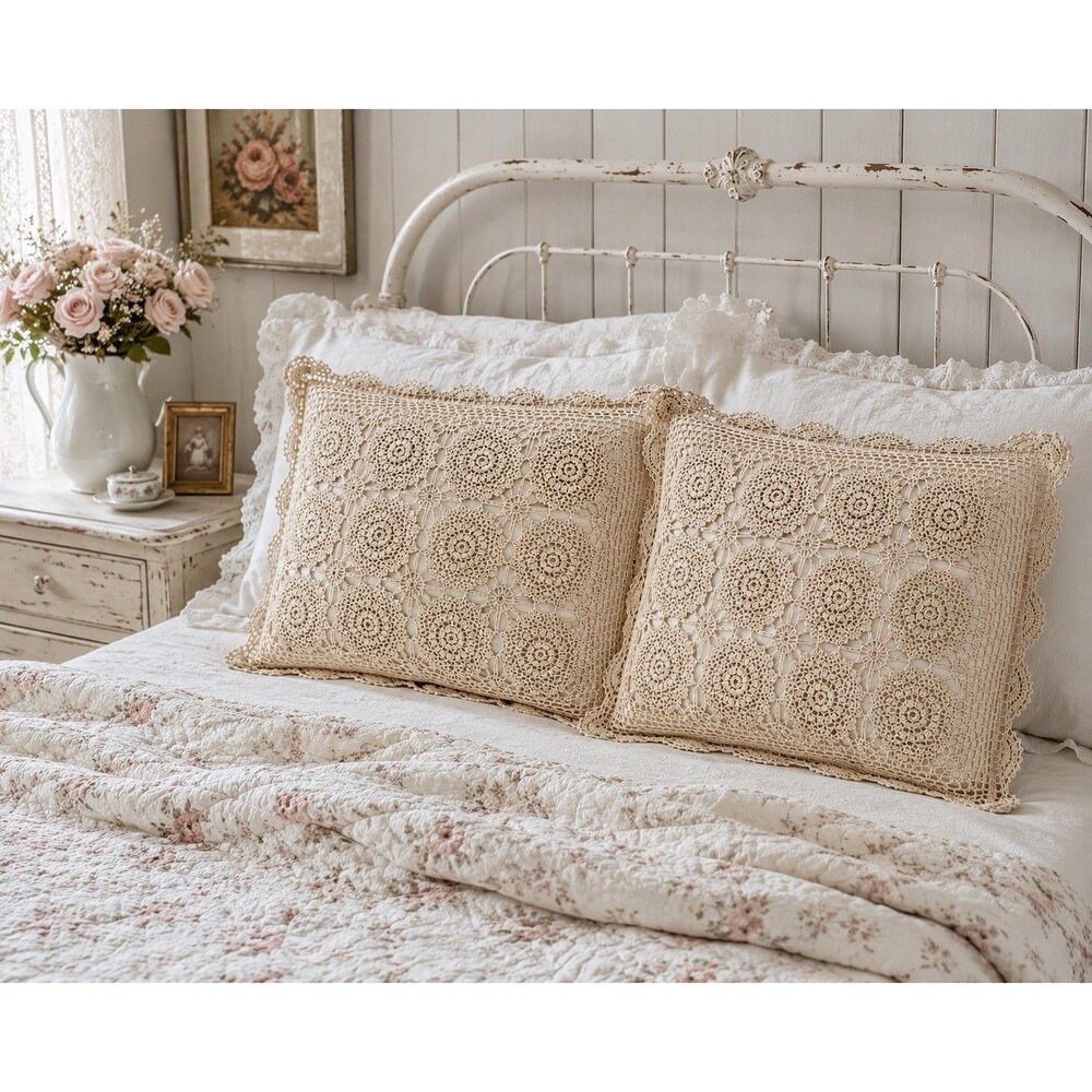 Pair of Vtg Ecru Crochet Cotton Standard Pillow Shams Cottage Shabby Chic